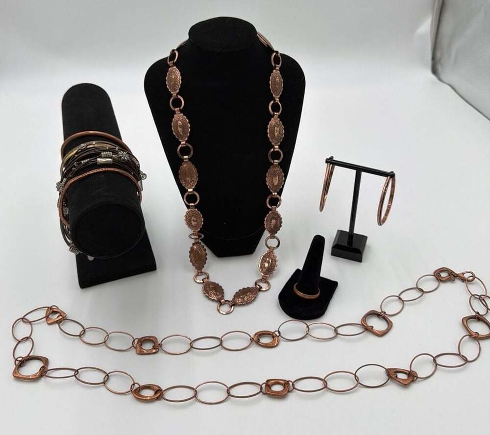 Mixed Lot of 7 Copper & Fashion Jewelry Pieces, Calinana Bracelet Inscribed Cuff